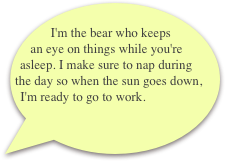      I'm the bear who keeps an eye on things while you're asleep. I make sure to nap during the day so when the sun goes down, I'm ready to go to work.