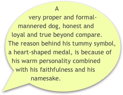 A very proper and formal-mannered dog, honest and loyal and true beyond compare. The reason behind his tummy symbol, a heart-shaped medal, is because of his warm personality combined with his faithfulness and his namesake.